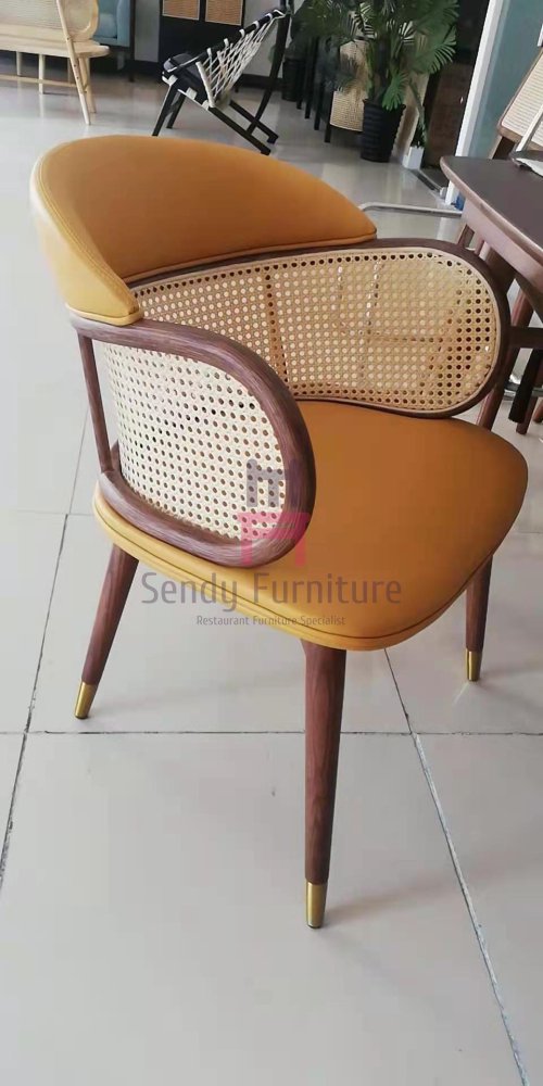 WR-1309 Leather Dining Chair With Arc-shape Rattan Arm